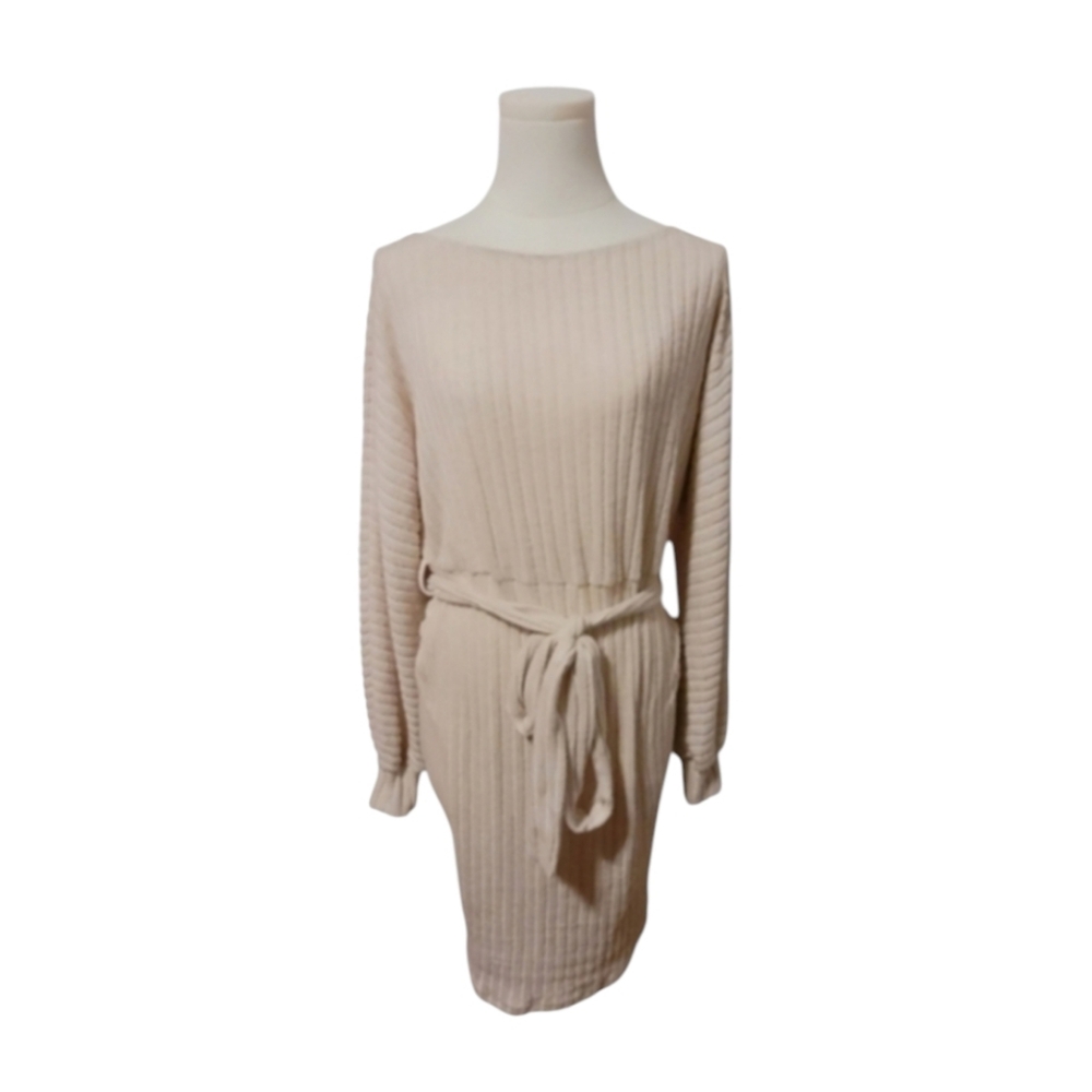 Shein Super Soft Cream Ribbed Long Sleeve Belted Midi Dress Size 6 Medium